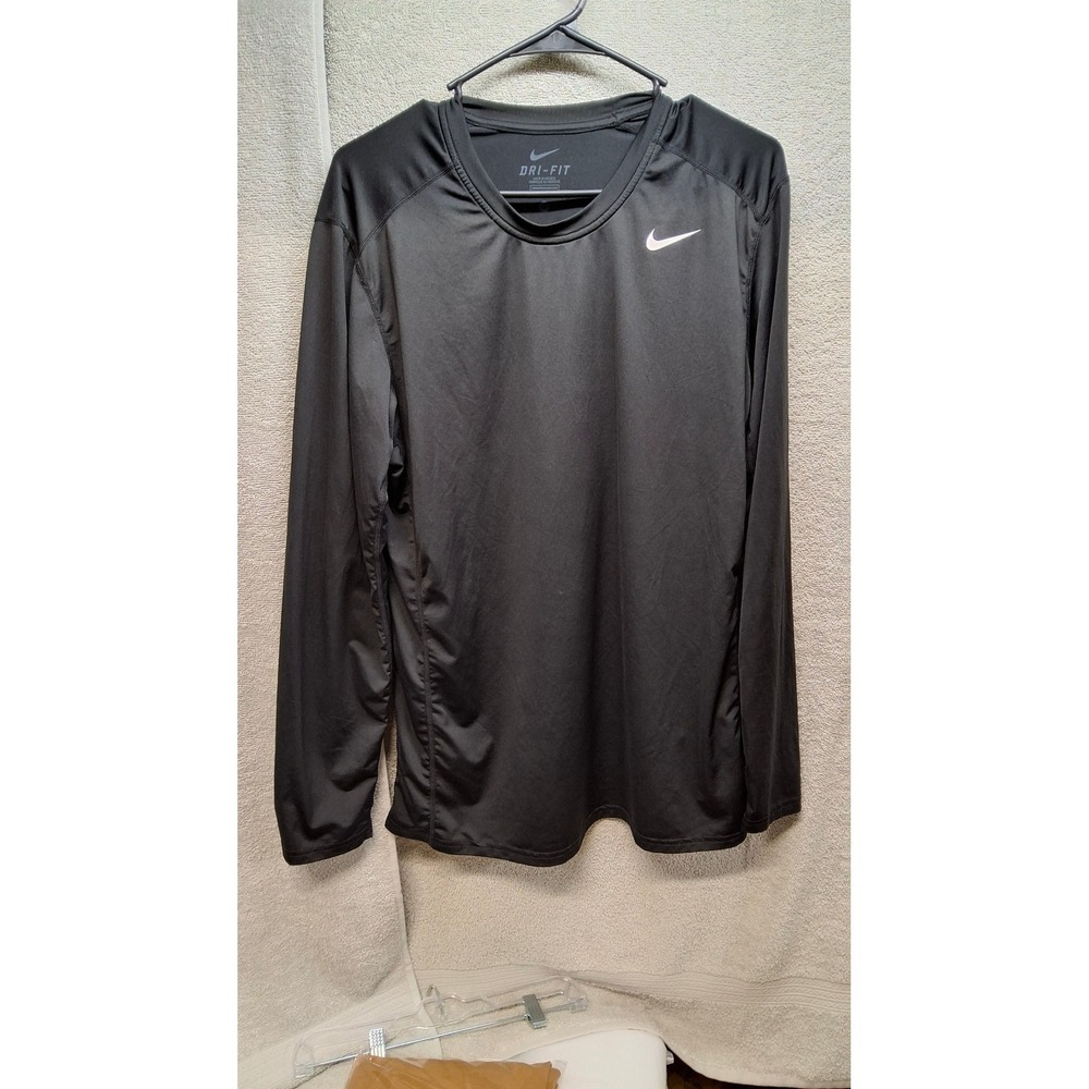 Nike Dri-FIt Mens Large Black Long Sleeve TrainingShirt ActivewearSwoosh Logo/b3